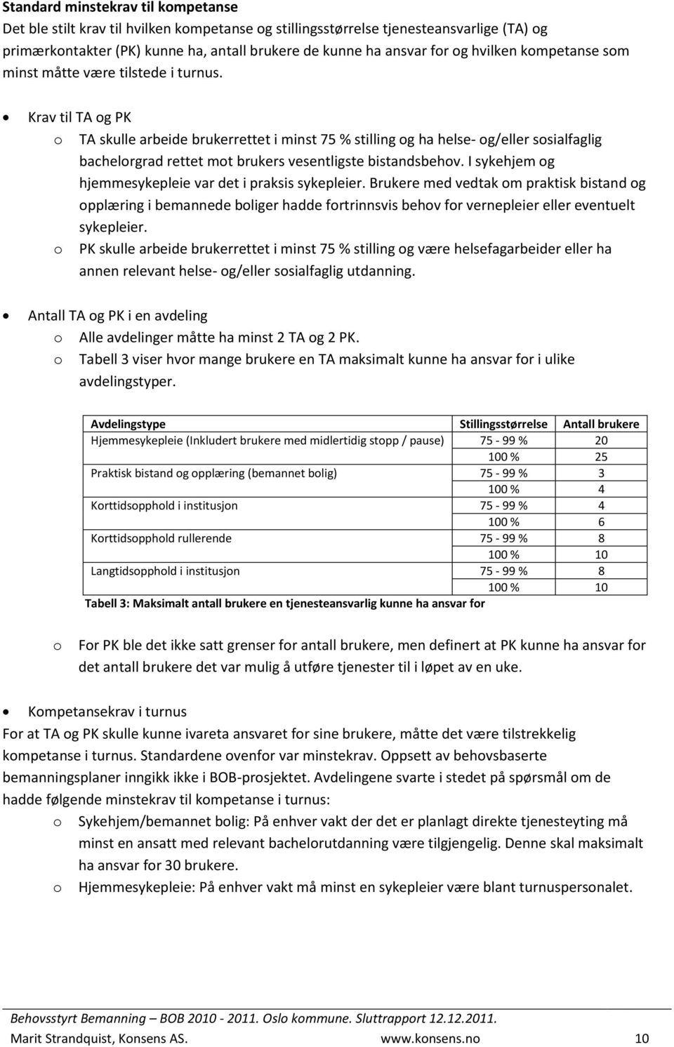 Krav til TA og PK o TA skulle arbeide brukerrettet i minst 75 % stilling og ha helse- og/eller sosialfaglig bachelorgrad rettet mot brukers vesentligste bistandsbehov.