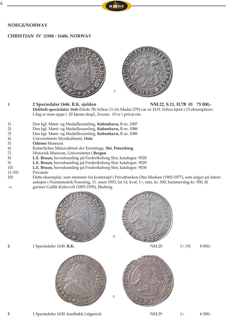 Mønt- og Medaillesamling, København, B nr. 1089 4) Universitetets Myntkabinett, Oslo 5) Odense Museum 6) Kaiserliches Münzcabinet der Eremitage, Skt.