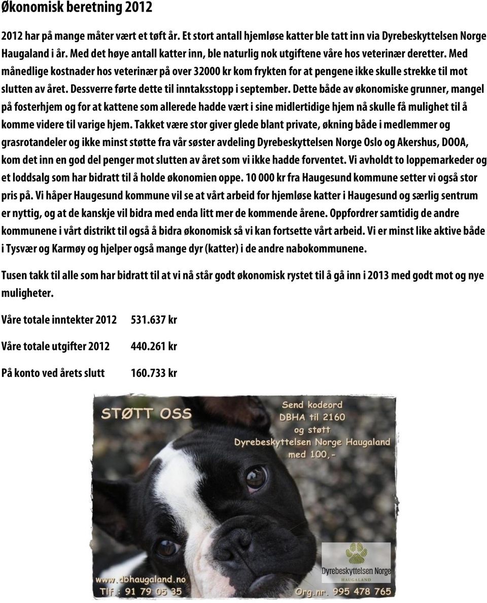 Med månedlige kostnader hos veterinær på over 32000 kr kom frykten for at pengene ikke skulle strekke til mot slutten av året. Dessverre førte dette til inntaksstopp i september.