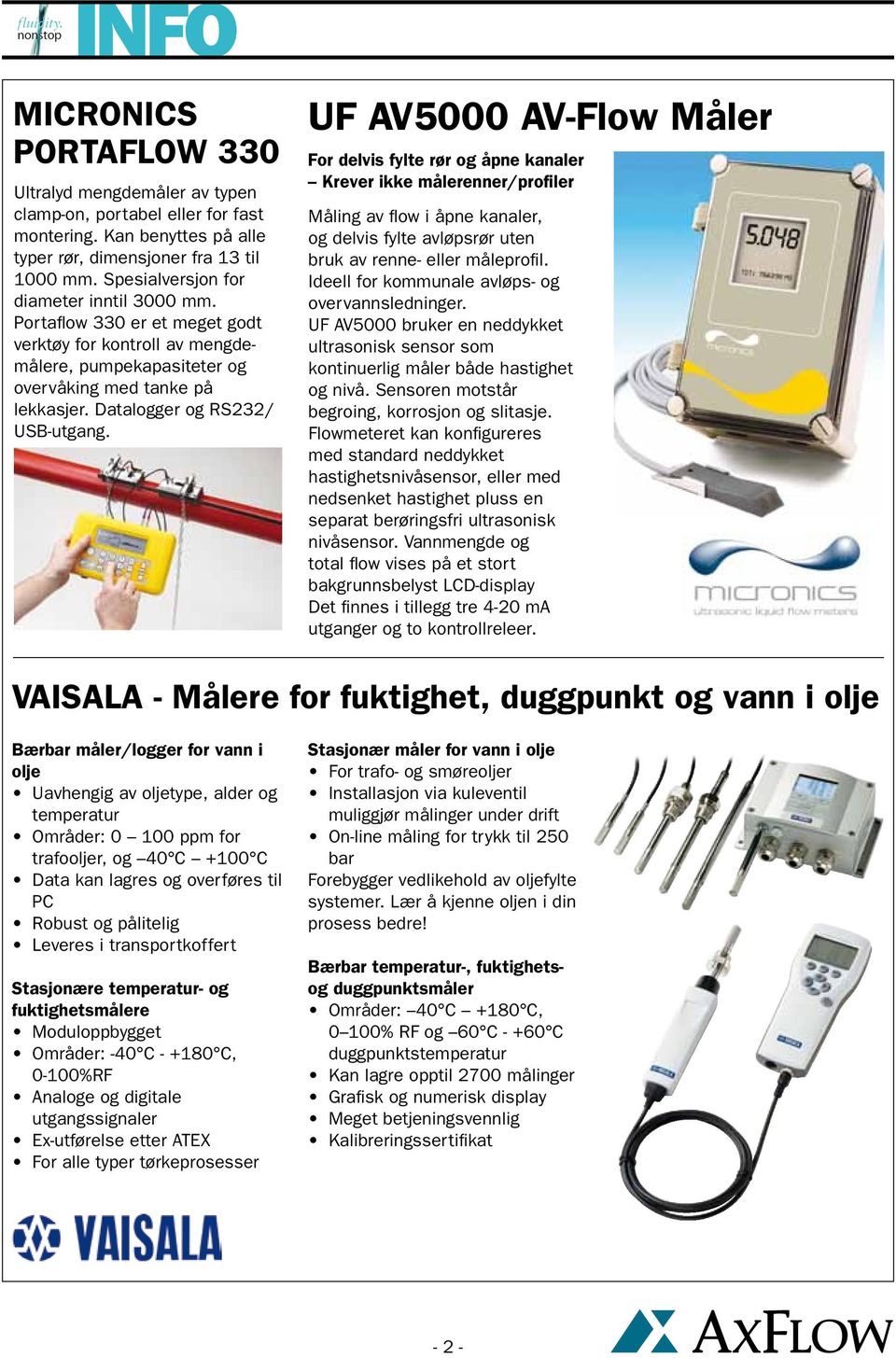 UF AV5000 AV-Flow Måler For delvis fylte rør og åpne kanaler Krever ikke målerenner/profiler Måling av flow i åpne kanaler, og delvis fylte avløpsrør uten bruk av renne- eller måleprofil.