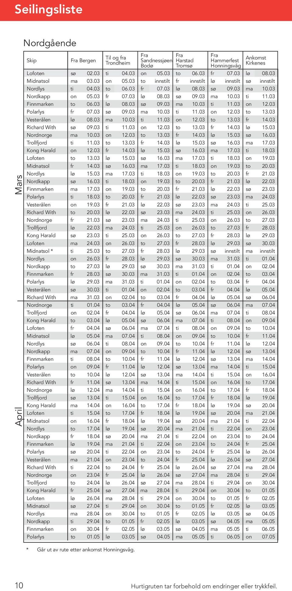 03 Finnmarken to 06.03 lø 08.03 sø 09.03 ma 10.03 ti 11.03 on 12.03 Polarlys fr 07.03 sø 09.03 ma 10.03 ti 11.03 on 12.03 to 13.03 Vesterålen lø 08.03 ma 10.03 ti 11.03 on 12.03 to 13.03 fr 14.