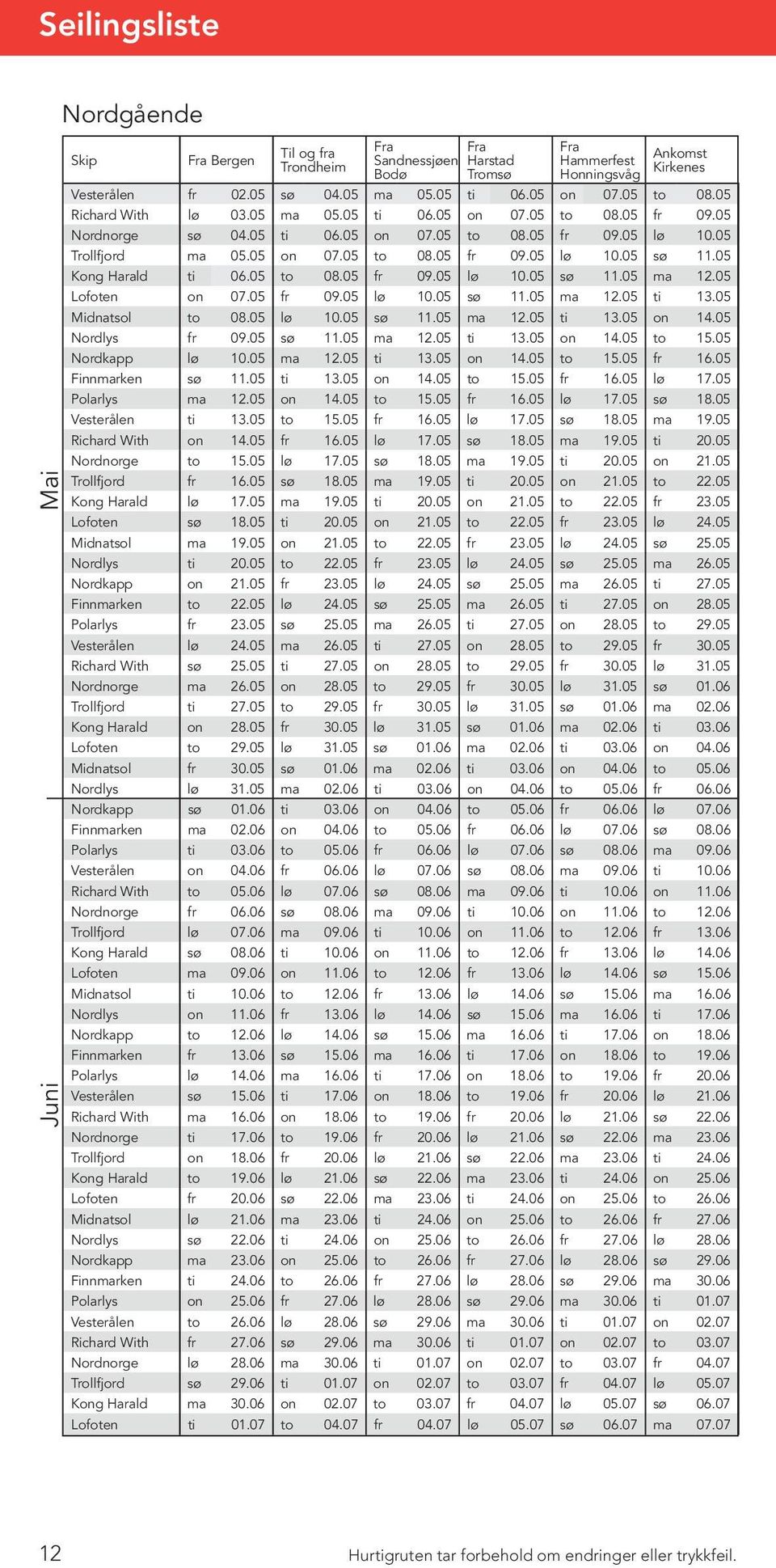 05 Kong Harald ti 06.05 to 08.05 fr 09.05 lø 10.05 sø 11.05 ma 12.05 Lofoten on 07.05 fr 09.05 lø 10.05 sø 11.05 ma 12.05 ti 13.05 Midnatsol to 08.05 lø 10.05 sø 11.05 ma 12.05 ti 13.05 on 14.