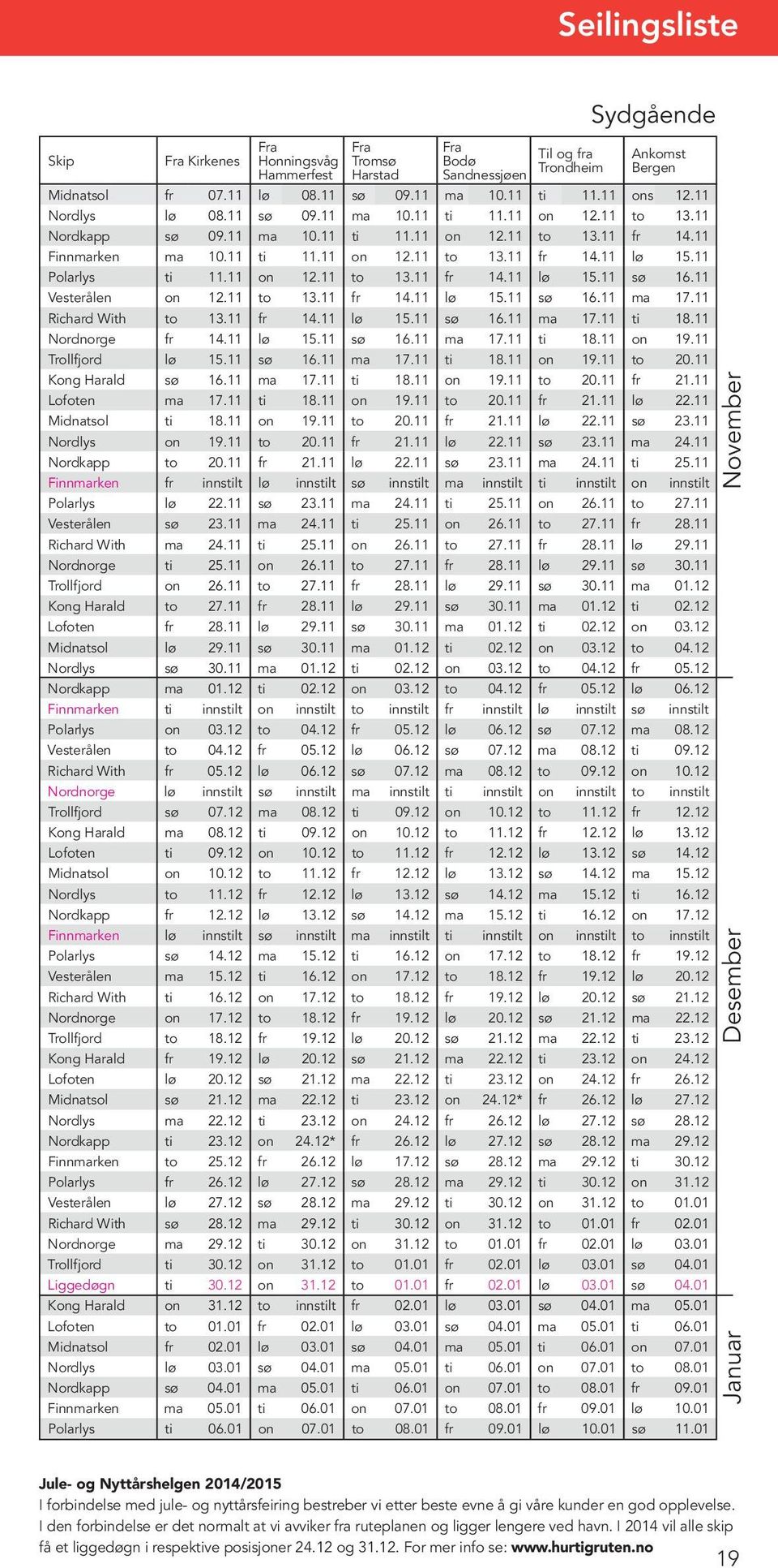 11 Polarlys ti 11.11 on 12.11 to 13.11 fr 14.11 lø 15.11 sø 16.11 Vesterålen on 12.11 to 13.11 fr 14.11 lø 15.11 sø 16.11 ma 17.11 Richard With to 13.11 fr 14.11 lø 15.11 sø 16.11 ma 17.11 ti 18.