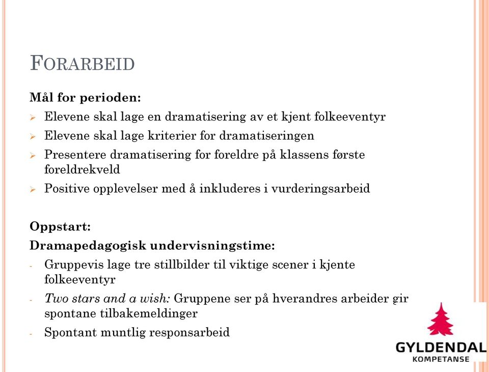 vurderingsarbeid Oppstart: Dramapedagogisk undervisningstime: - Gruppevis lage tre stillbilder til viktige scener i kjente