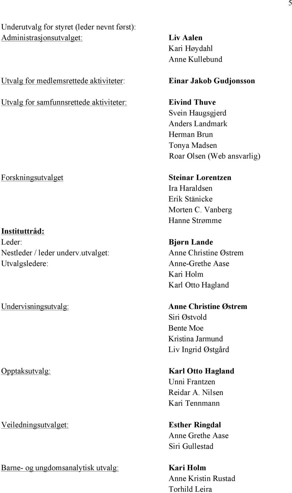 utvalget: Utvalgsledere: Undervisningsutvalg: Opptaksutvalg: Veiledningsutvalget: Barne- og ungdomsanalytisk utvalg: Liv Aalen Kari Høydahl Anne Kullebund Einar Jakob Gudjonsson Eivind Thuve Svein