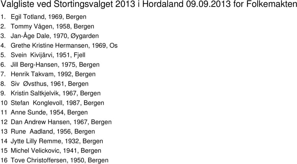 Henrik Takvam, 1992, Bergen 8. Siv Øvsthus, 1961, Bergen 9.