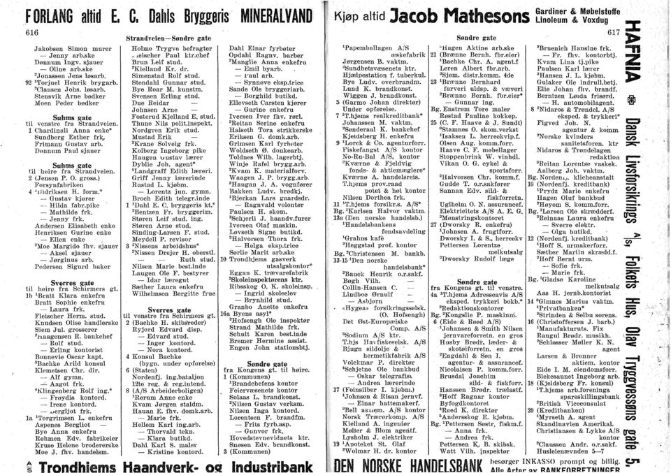 Donnmn Paul sjauer Suhms gate til høire fra Strandveien. 2 (Jensen P. O. gross.) Forsynfabriken 4 'jjidriksen H. form.* Gustav kjører - Hilda fabr.pike Mathilde frk. Jenny frk.
