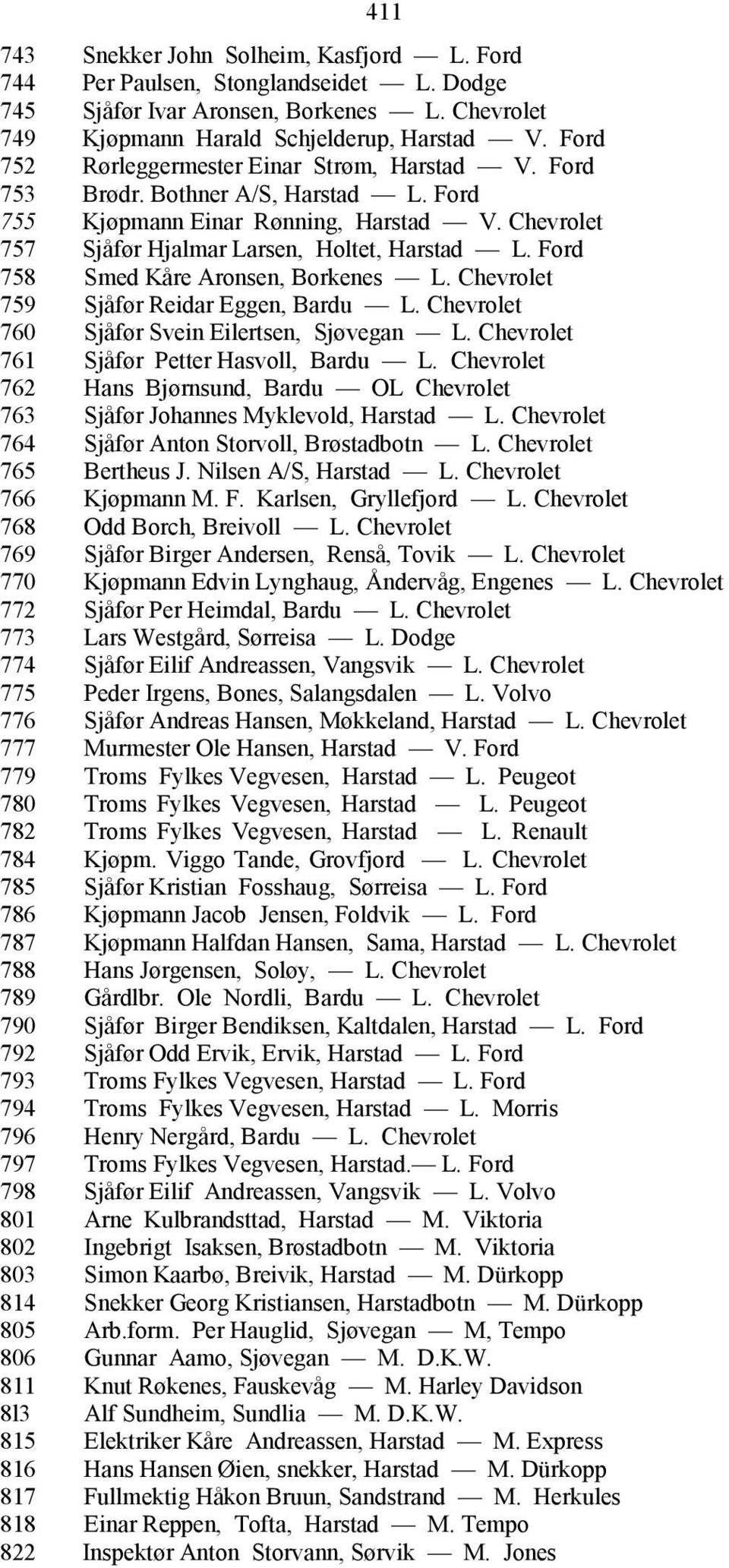 Ford 758 Smed Kåre Aronsen, Borkenes L. Chevrolet 759 Sjåfør Reidar Eggen, Bardu L. Chevrolet 760 Sjåfør Svein Eilertsen, Sjøvegan L. Chevrolet 761 Sjåfør Petter Hasvoll, Bardu L.