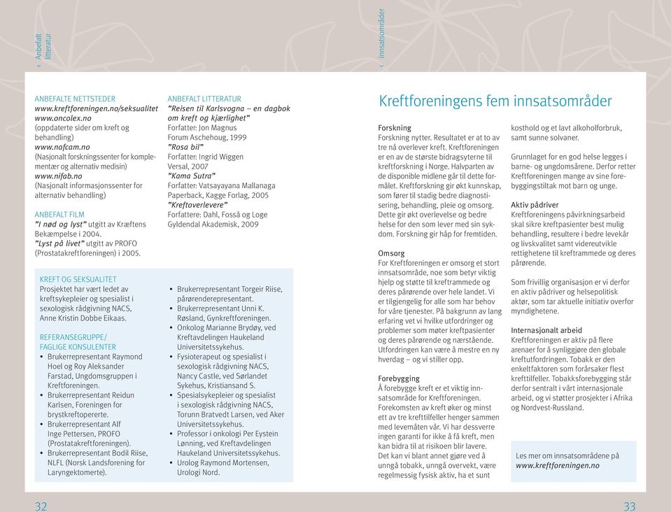 no (Nasjonalt informasjonssenter for alternativ behandling) Anbefalt film I nød og lyst utgitt av Kræftens Bekæmpelse i 2004. Lyst på livet utgitt av PROFO (Prostatakreftforeningen) i 2005.