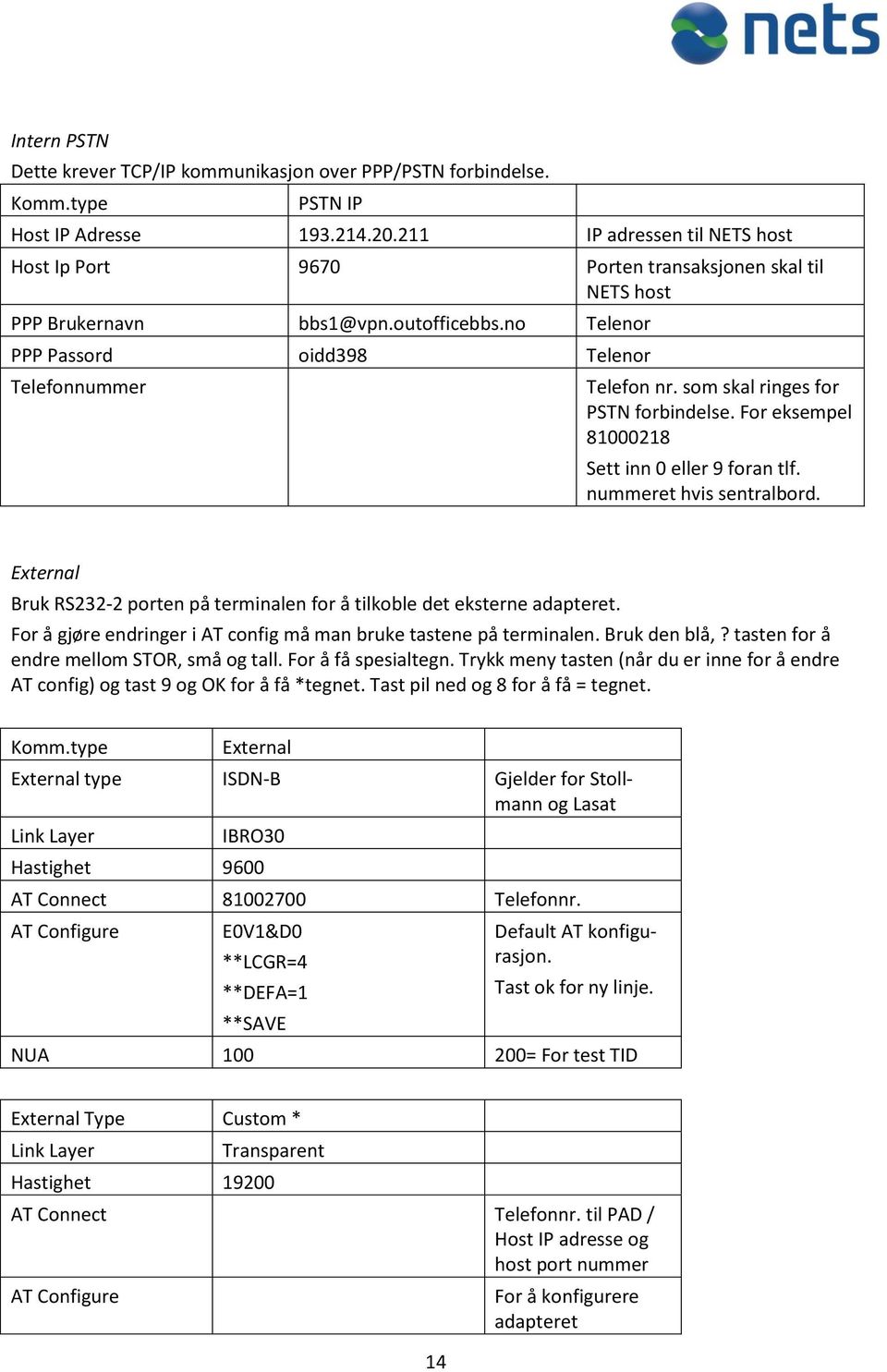 som skal ringes for PSTN forbindelse. For eksempel 81000218 Sett inn 0 eller 9 foran tlf. nummeret hvis sentralbord. External Bruk RS232-2 porten på terminalen for å tilkoble det eksterne adapteret.