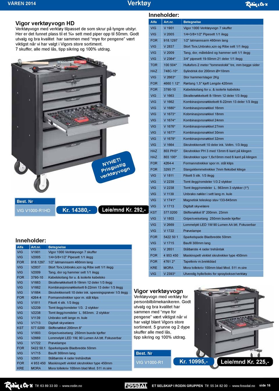 14380,- Leie/mnd Kr. 292,- Inneholder: NYHET! Prisgustig verktøyvogn Alfa Art.nr. Betegnelse VIG V1901 Vigor 1000 Verktøyvogn 7 skuffer VIG V2005 1/4+3/8+1/2 Pipesett 1/1 ilegg FOR 918.