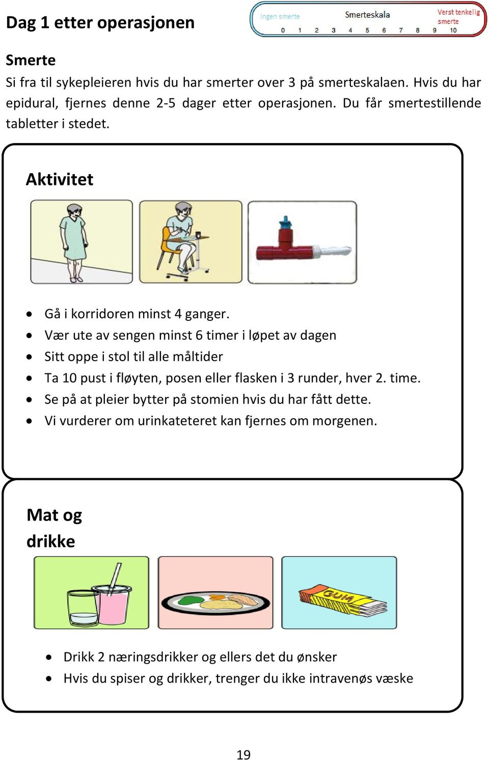 Vær ute av sengen minst 6 timer i løpet av dagen Sitt oppe i stol til alle måltider Ta 10 pust i fløyten, posen eller flasken i 3 runder, hver 2. time. Se på at pleier bytter på stomien hvis du har fått dette.