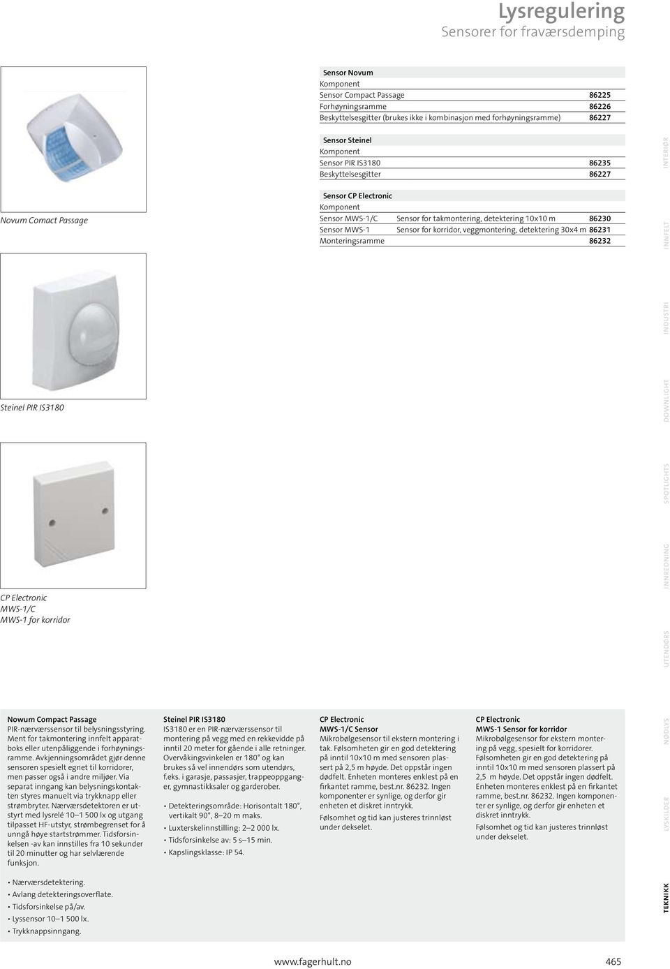 Sensor for takmontering, detektering 10x10 m 86230 Sensor MWS-1 Sensor for korridor, veggmontering, detektering 30x4 m 86231 Monteringsramme 86232 utendørs innredning spotlights downlight industri