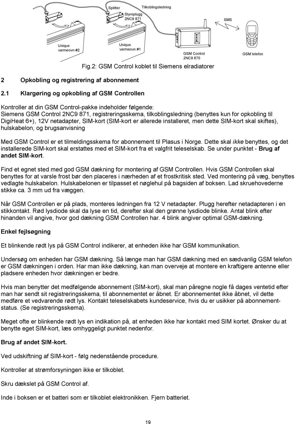 1 Klargøring og opkobling af GSM Controllen Kontroller at din GSM Control-pakke indeholder følgende: Siemens GSM Control 2NC9 871, registreringsskema, tilkoblingsledning (benyttes kun for opkobling