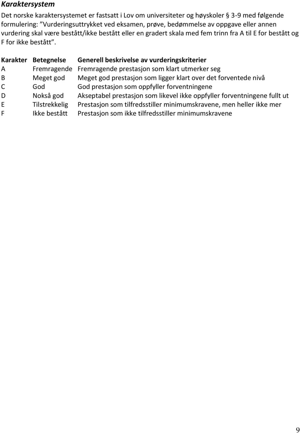 Karakter Betegnelse Generell beskrivelse av vurderingskriterier A Fremragende Fremragende prestasjon som klart utmerker seg B Meget god Meget god prestasjon som ligger klart over det forventede nivå