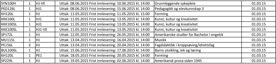 05.2015 Frist innlevering: 13.05.2015 kl. 14:00 Kunst, kultur og kreativitet 01.03.15 KKK100SL 1 HJ1 VE Uttak: 11.05.2015 Frist innlevering: 13.05.2015 kl. 14:00 Kunst, kultur og kreativitet 01.03.15 SP172L 1 HJ Uttak: 12.