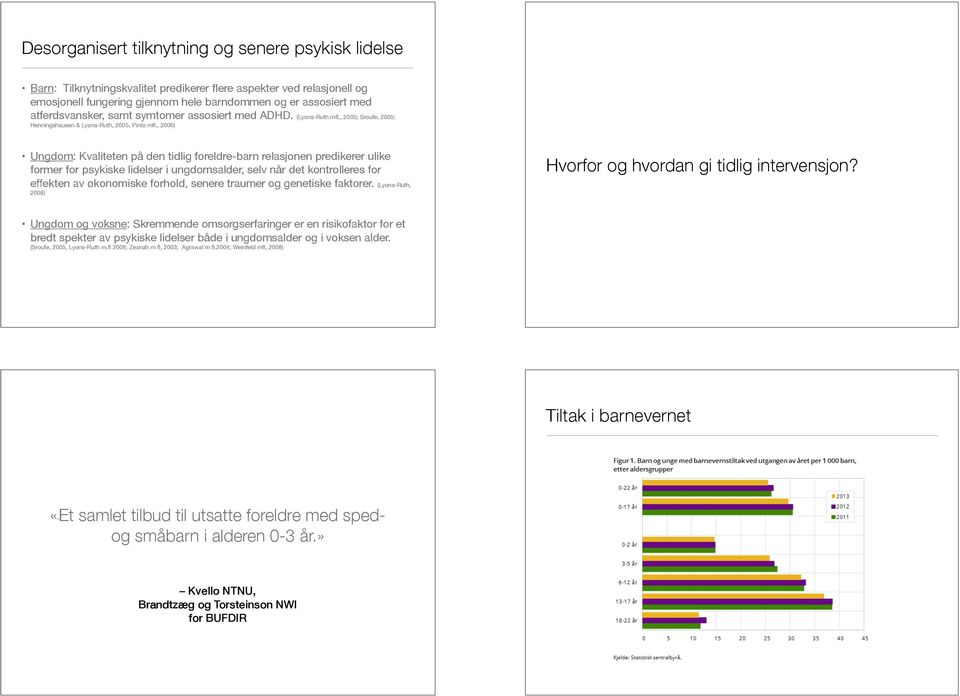 , 2006) Ungdom: Kvaliteten på den tidlig foreldre-barn relasjonen predikerer ulike former for psykiske lidelser i ungdomsalder, selv når det kontrolleres for effekten av økonomiske forhold, senere