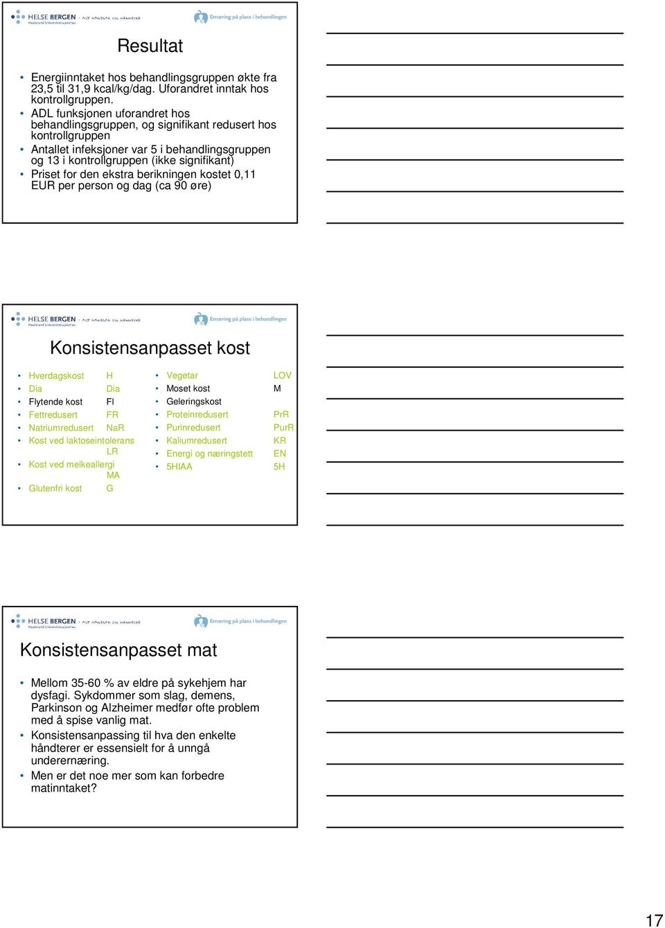 ekstra berikningen kostet 0,11 EUR per person og dag (ca 90 øre) Konsistensanpasset kost Hverdagskost H Dia Dia Flytende kost Fl Fettredusert FR Natriumredusert NaR Kost ved laktoseintolerans LR Kost