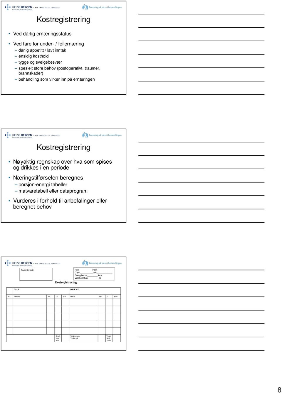 Næringstilførselen beregnes porsjon-energi tabeller matvaretabell eller dataprogram Vurderes i forhold til anbefalinger eller beregnet behov Pasientetikett