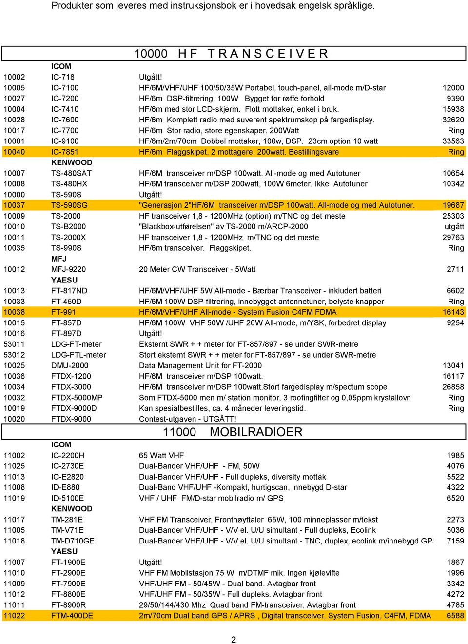 Flott mottaker, enkel i bruk. 15938 10028 IC-7600 HF/6m Komplett radio med suverent spektrumskop på fargedisplay. 32620 10017 IC-7700 HF/6m Stor radio, store egenskaper.