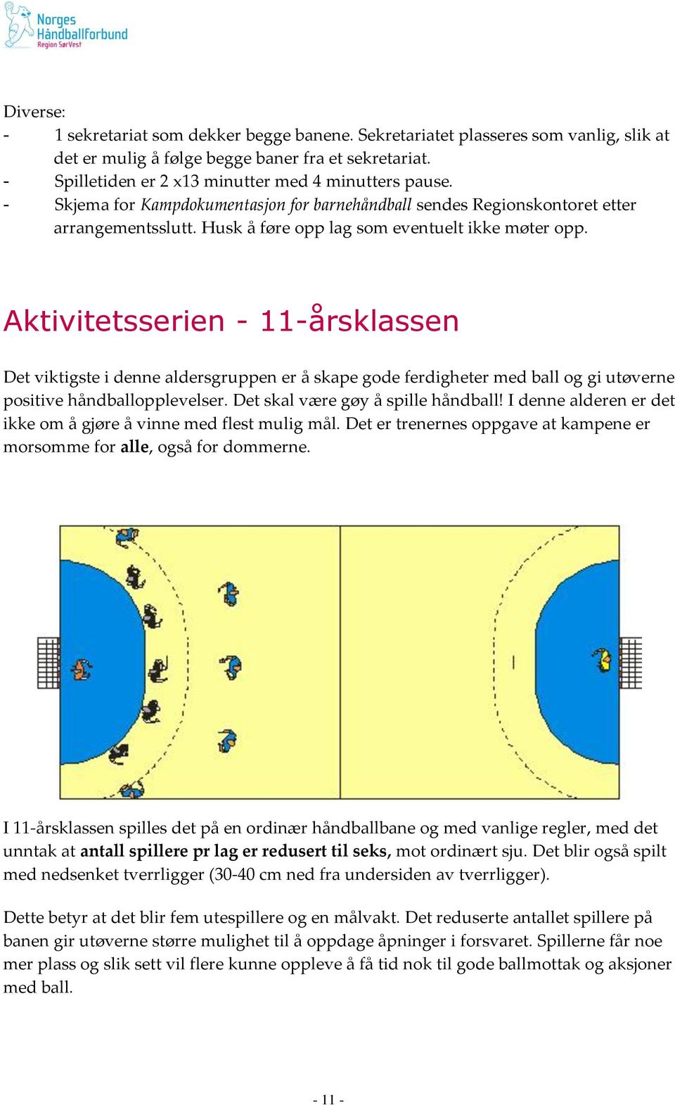 Husk å føre opp lag som eventuelt ikke møter opp. Aktivitetsserien - 11-årsklassen Det viktigste i denne aldersgruppen er å skape gode ferdigheter med ball og gi utøverne positive håndballopplevelser.