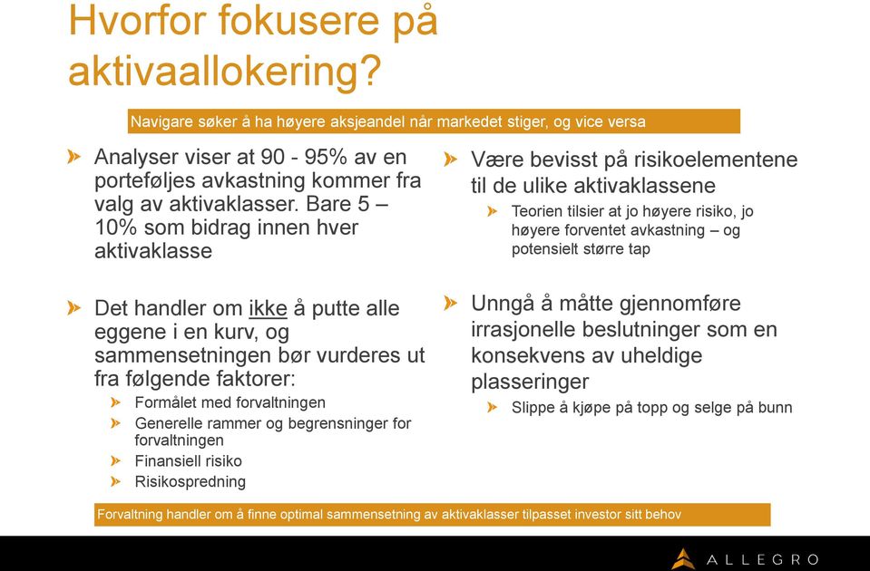 og begrensninger for forvaltningen Finansiell risiko Risikospredning Være bevisst på risikoelementene til de ulike aktivaklassene Teorien tilsier at jo høyere risiko, jo høyere forventet avkastning