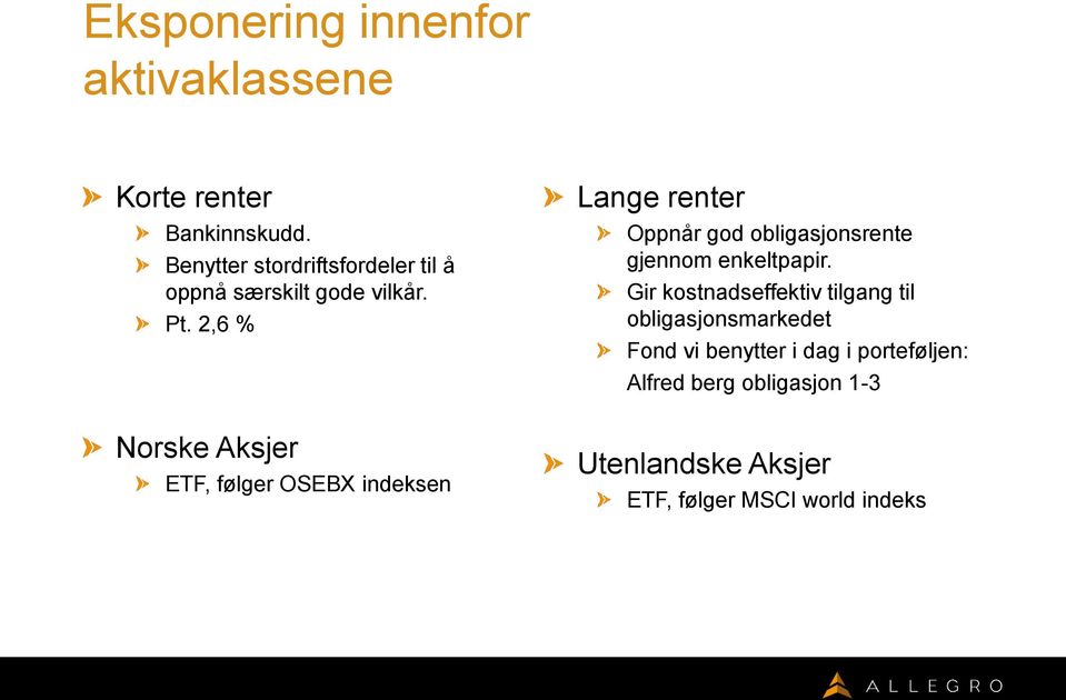 2,6 % Norske Aksjer ETF, følger OSEBX indeksen Lange renter Oppnår god obligasjonsrente gjennom