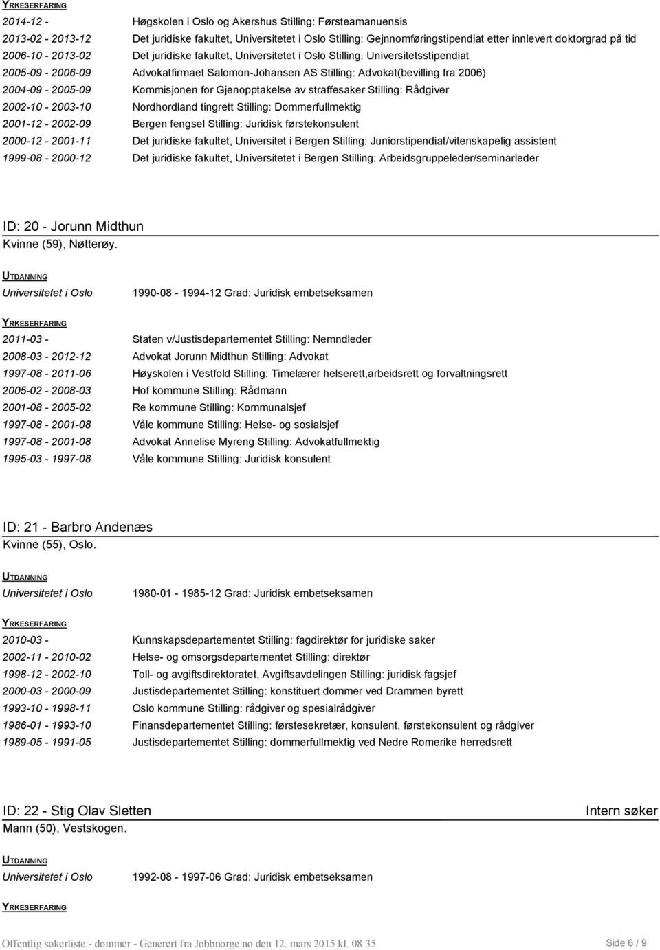 straffesaker Stilling: Rådgiver 2002-10 - 2003-10 Nordhordland tingrett Stilling: Dommerfullmektig 2001-12 - 2002-09 Bergen fengsel Stilling: Juridisk førstekonsulent 2000-12 - 2001-11 Det juridiske