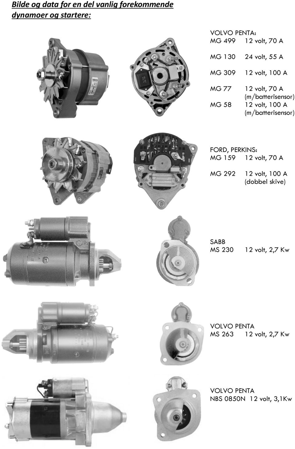 100 A (m/batterisensor) FORD, PERKINS: MG 159 12 volt, 70 A MG 292 12 volt, 100 A (dobbel skive)