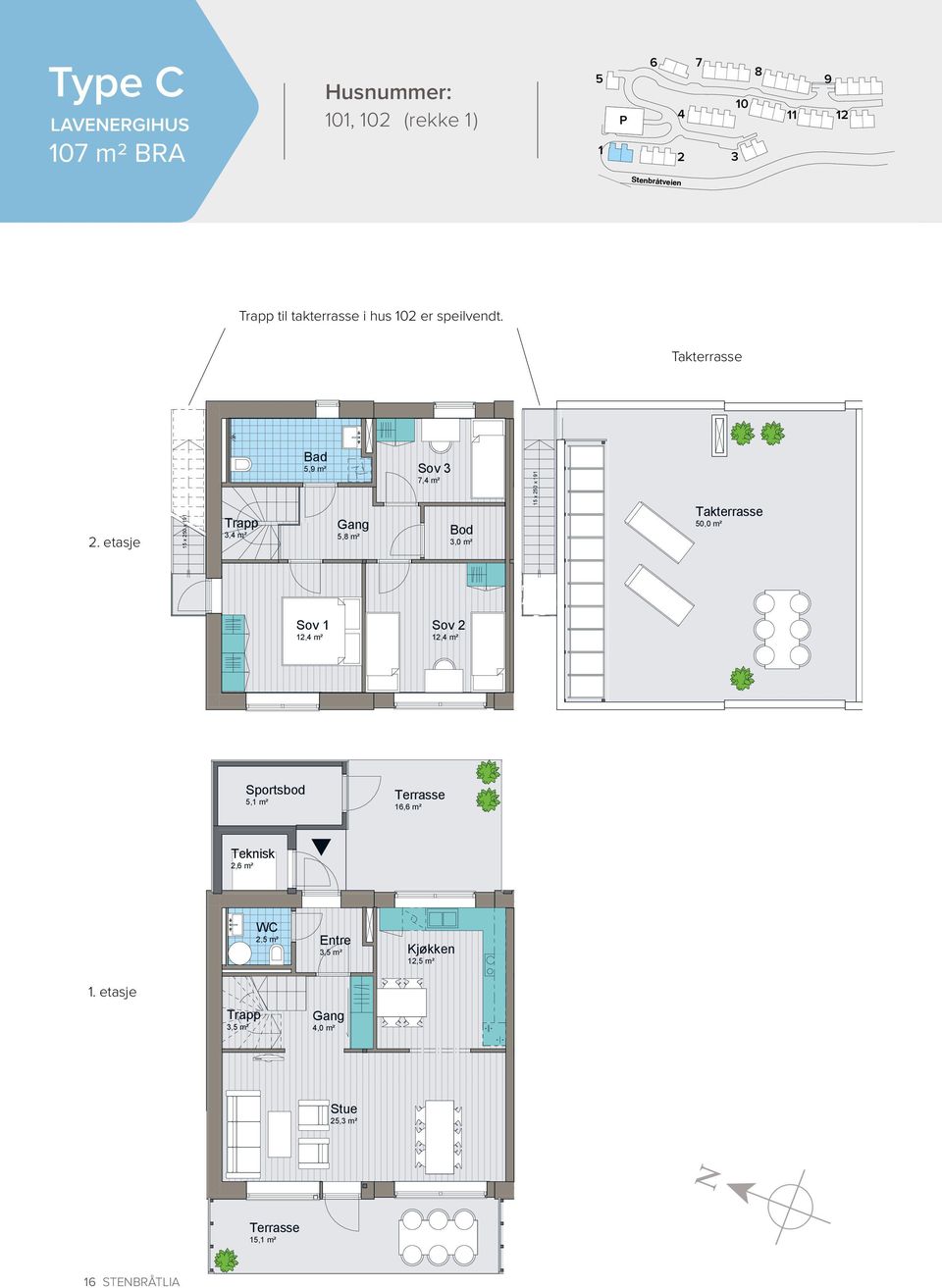 etasje 15 x 250 x 191 Trapp 3,4 m² Bad 5,9 m² 5,8 m² Sov 3 7,4 m² Bod 3,0 m² 15 x 250 x 191 Takterrasse 50,0 m² ² Sov 1 12,4 m² Sov 2 12,4 m² 1. Etasje 2.