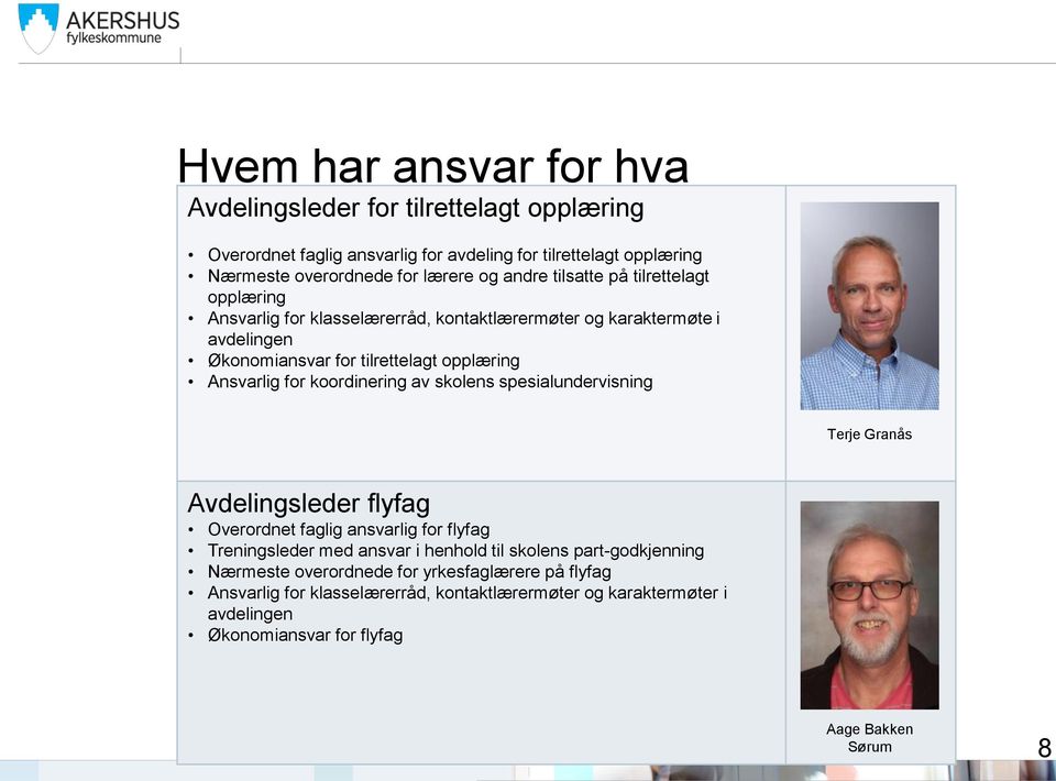 koordinering av skolens spesialundervisning Terje Granås Avdelingsleder flyfag Overordnet faglig ansvarlig for flyfag Treningsleder med ansvar i henhold til skolens