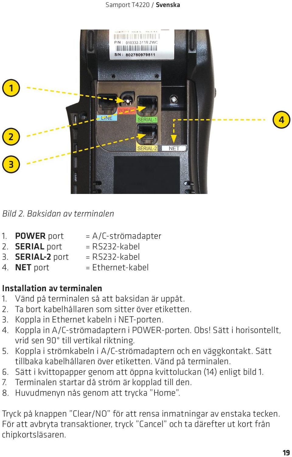 Koppla in A/C-strömadaptern i POWER-porten. Obs! Sätt i horisontellt, vrid sen 90 till vertikal riktning. 5. Koppla i strömkabeln i A/C-strömadaptern och en väggkontakt.