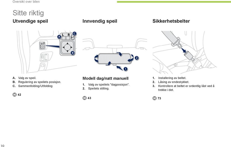 Sammenfolding/Utfolding 42 Modell dag/natt manuell 1. Valg av speilets "dagposisjon". 2.