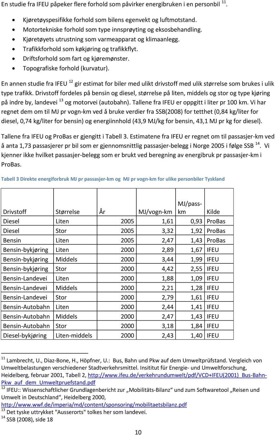 Driftsforhold som fart og kjøremønster. Topografiske forhold (kurvatur). En annen studie fra IFEU 12 gir estimat for biler med ulikt drivstoff med ulik størrelse som brukes i ulik type trafikk.