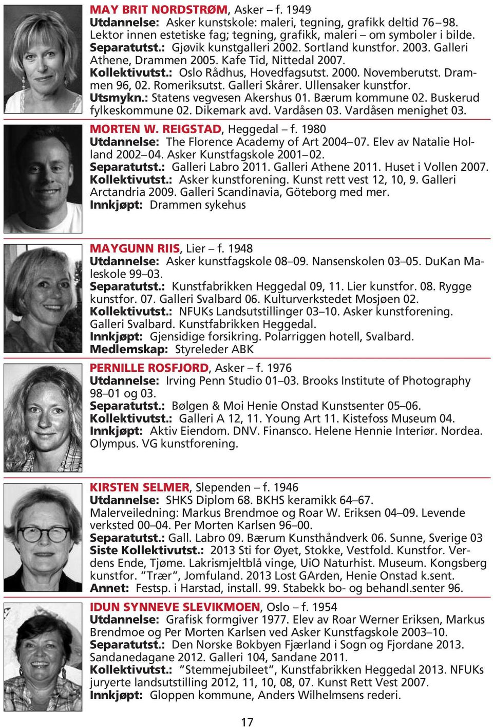 Romeriksutst. Galleri Skårer. Ullensaker kunstfor. Utsmykn.: Statens vegvesen Akershus 01. Bærum kommune 02. Buskerud fylkeskommune 02. Dikemark avd. Vardåsen 03. Vardåsen menighet 03. MORTEN W.