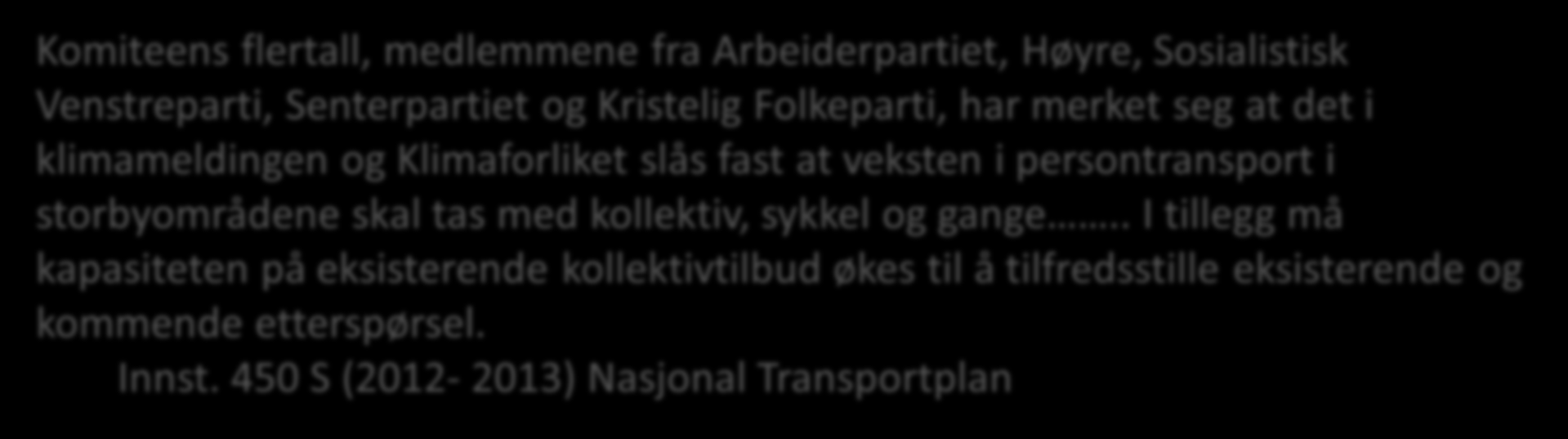 S 390 (2011-2012)Klimameldingen Komiteens flertall, medlemmene fra Arbeiderpartiet, Høyre, Sosialistisk Venstreparti, Senterpartiet og Kristelig Folkeparti, har merket seg at det i klimameldingen og