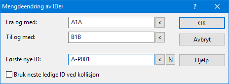 OBS: En forutsetning for denne funksjonen er at IDene er fortløpende. En sikrere måte å gjøre dette på kan du lese om under Importer endring av ID på side 314.