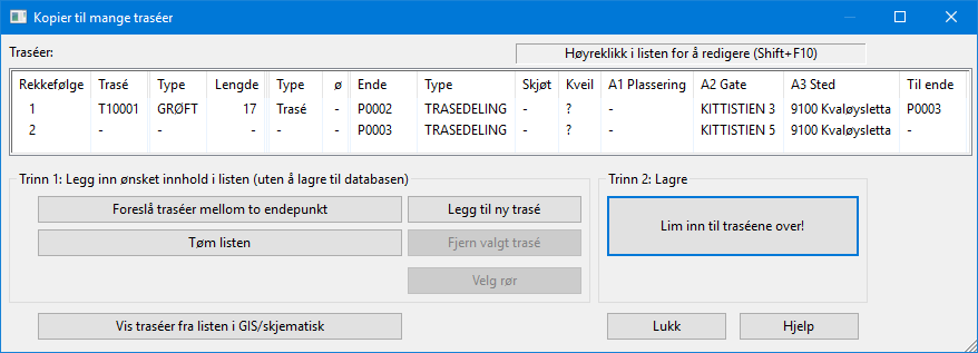 2. Trykk på knappen Kopier til mange nederst i høyre hjørne. 3. Trinn 1: Legg ønskede traséer i listen. Her kan du benytte knappene: 1.