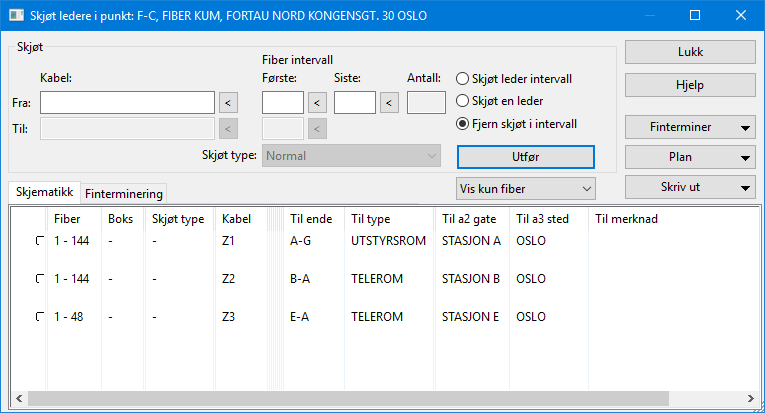 Dialogen viser skjematikk for fiberskjøt i punkt F-C. Slik registrerer du fiberskjøten i eksemplet over: 1. Gå til Punktkartotek eller Punkt Zoom fintermineringer. 2.