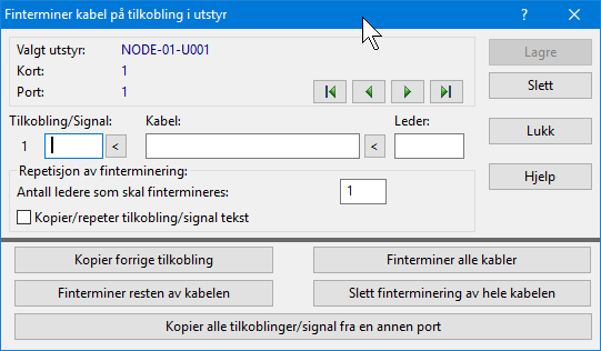 Feltene i dialogen Finterminering av kabel på tilkobling i utstyr Dialogen for "Finterminer kabel på tilkobling i utstyr".