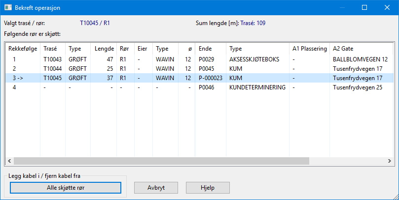 Den enkleste måten å legge en kabel i alle sine traséer er å bruke funksjonen Rediger Kabel i trasé Automatisert plassering av kabel i traséer.