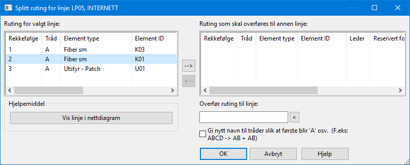 5. Velg ønsket flettealternativ. Se beskrivelse av alternativene foran denne beskrivelsen. 6. Trykk på knappen OK. 7. Den linjen du hentet rutingen fra vil nå bli valgt.