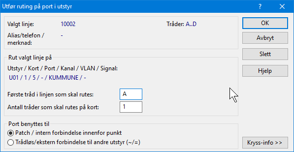 4. Dobbeltklikk på den porten du skal rute på (eller flytt fokus til den og trykk <F8> eller velg Manuell ruting i Ruting-menyen eller bruk knappen Rut). 5. Du kommer til dialogen Utfør ruting.