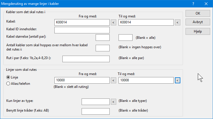 Mengde ruting av mange linjer i kabler... Mengde ruting benyttes når du skal rute mange linjer med fortløpende linje- eller alias/telefon på en eller flere kabler.