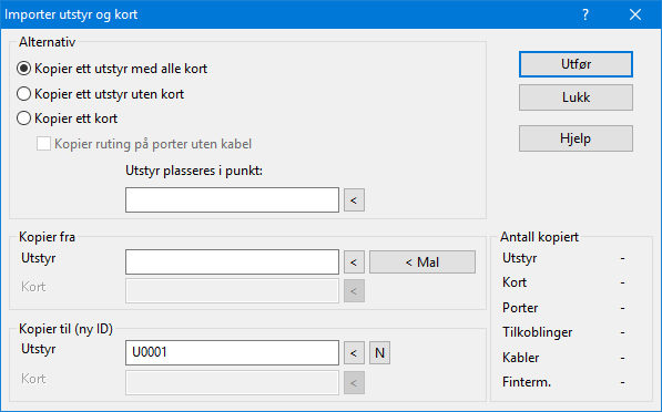 1. Du kan stå i hvilket kartotek du ønsker når du utfører dette menyvalget, men det anbefales å stå i enten Punktkartotek eller Utstyrkartotek. 2. Velg Importer utstyr og kort i Import/Eksport menyen.