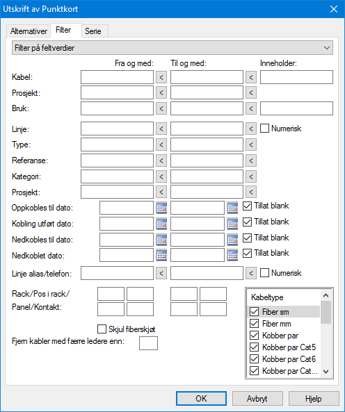 Eksempel på arkfanen Filter for en utskrift hvor du kan velge den informasjonen du ønsker å ha med i utskriften. Utskriftsfilter utkoblet I rullefeltet velger du Filter av (vis alle).