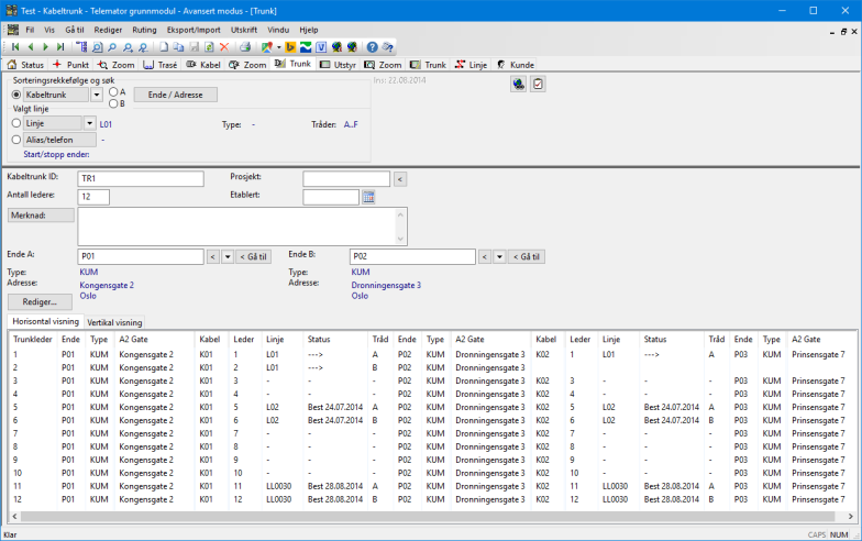 Kabeltrunkkartotek med horisontal visning av trunk Kabeltrunken kan vises både vertikalt og horisontalt ved hjelp av arkfaner over listen.