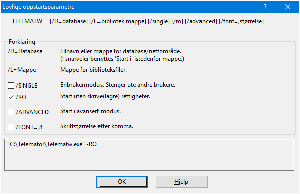 3. Eksempel på snarvei i Windows med oppstartsparameter "-RO". Nettområdet ligger i mappen C:\Telemator\Kroken Energi 4. Skriv oppstartsparameteren etter telematw.exe som står i feltet "Mål:".