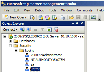 Ny login Det anbefales at alle Telemator-brukere legges inn i en gruppe som du oppretter en login for i SQL Server. I SQL Server Management studio under Server: Høyreklikk på Security + New + Login.