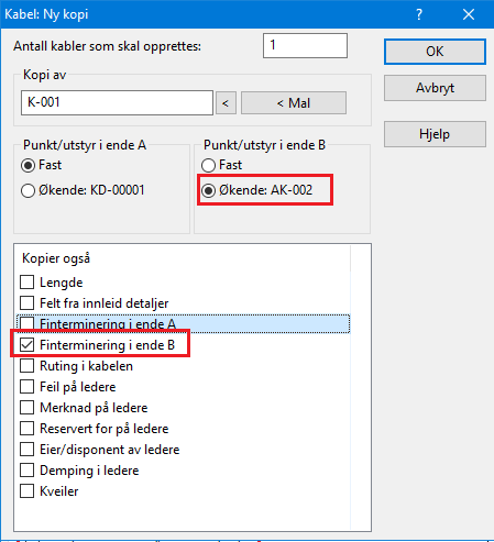 før du trykker knappen OK. 5. Finterminer kablene i begge ender: 1. Stamkabel i ende A. Her lønner det seg å stå i Zoom Punkt. Velg først bygningsfordeleren.